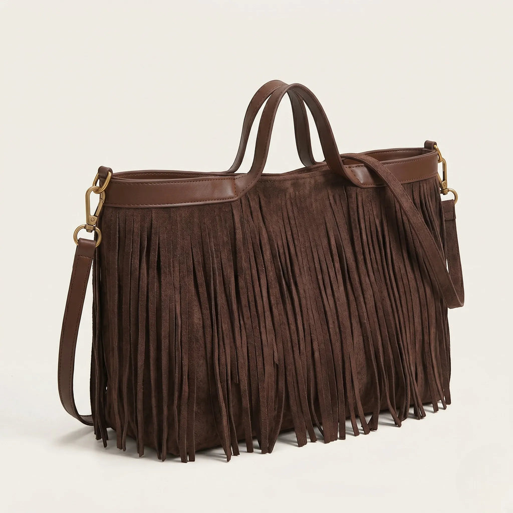 Sac cabas allongé a frange Café