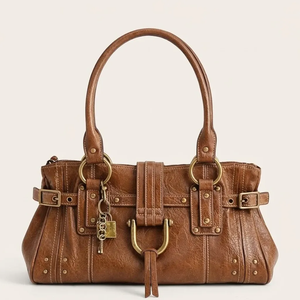 Sac cabas biker clous cadenas vintage Marron