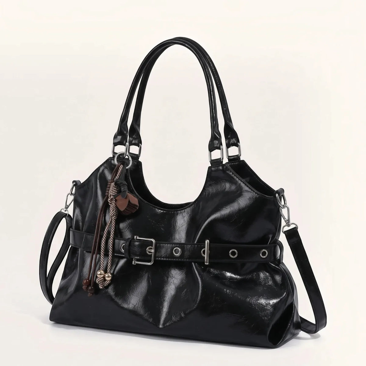 Sac cabas pendentif en similicuir lustré pour femme, vue 2 Noir