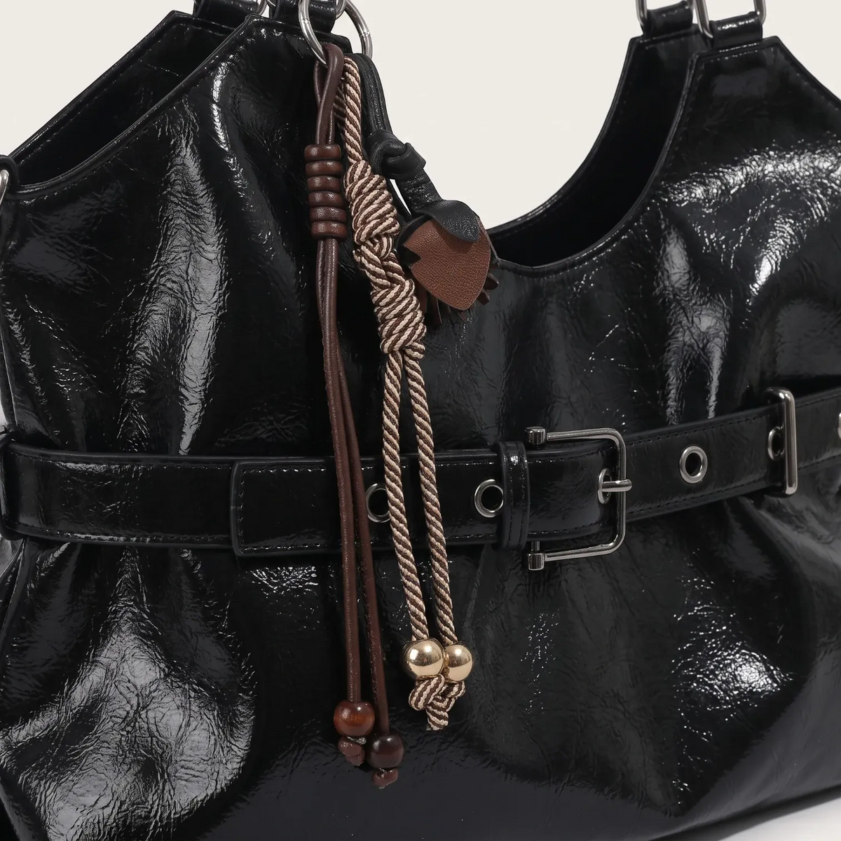 Sac cabas pendentif en similicuir lustré pour femme, vue 3 Noir