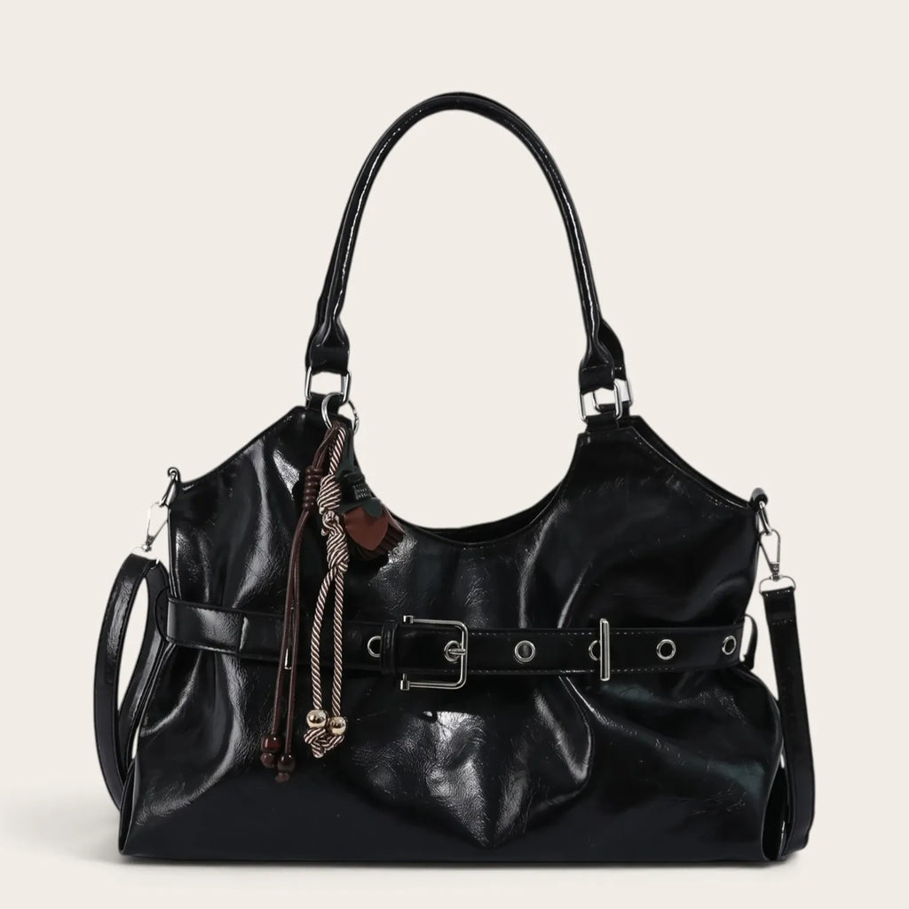 Sac cabas pendentif en similicuir lustré pour femme, vue 1 - Noir