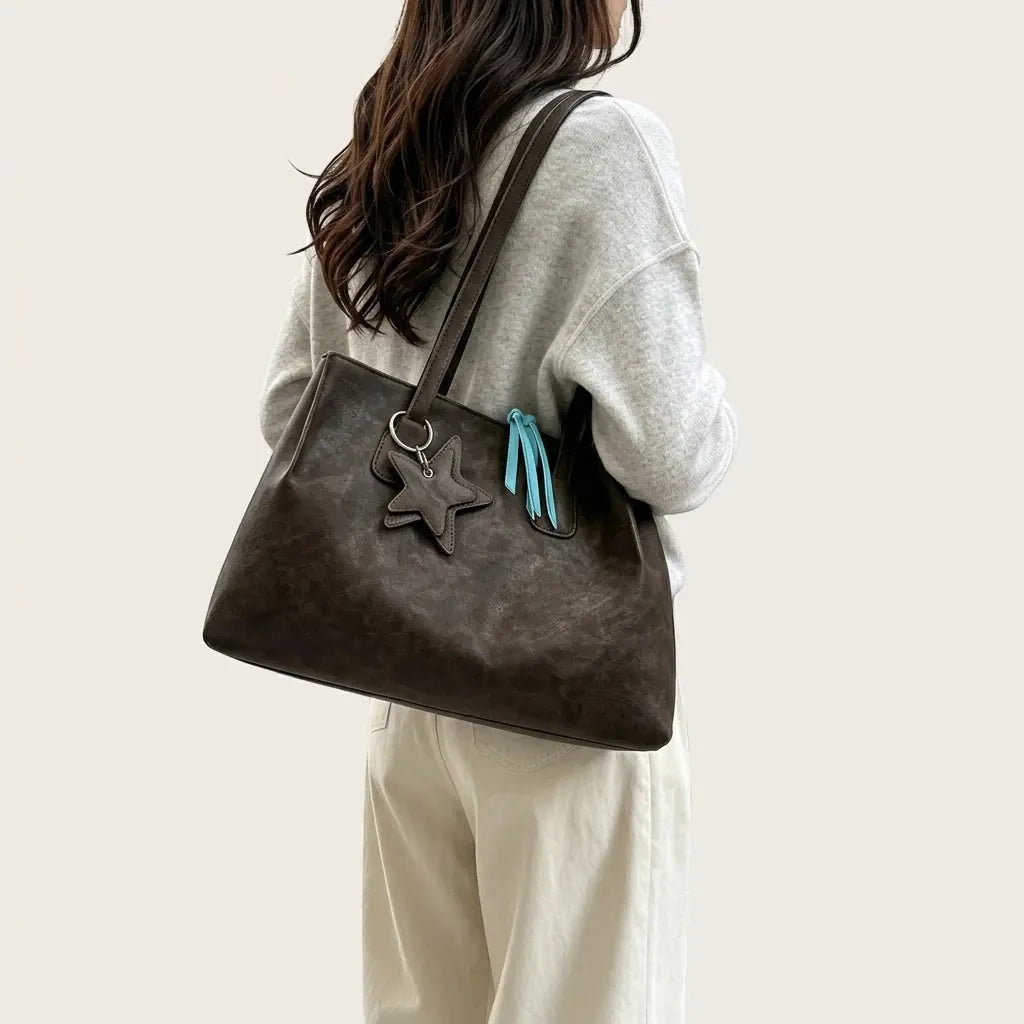 Sac cabas trapèze cuir doublure contrastante Marron
