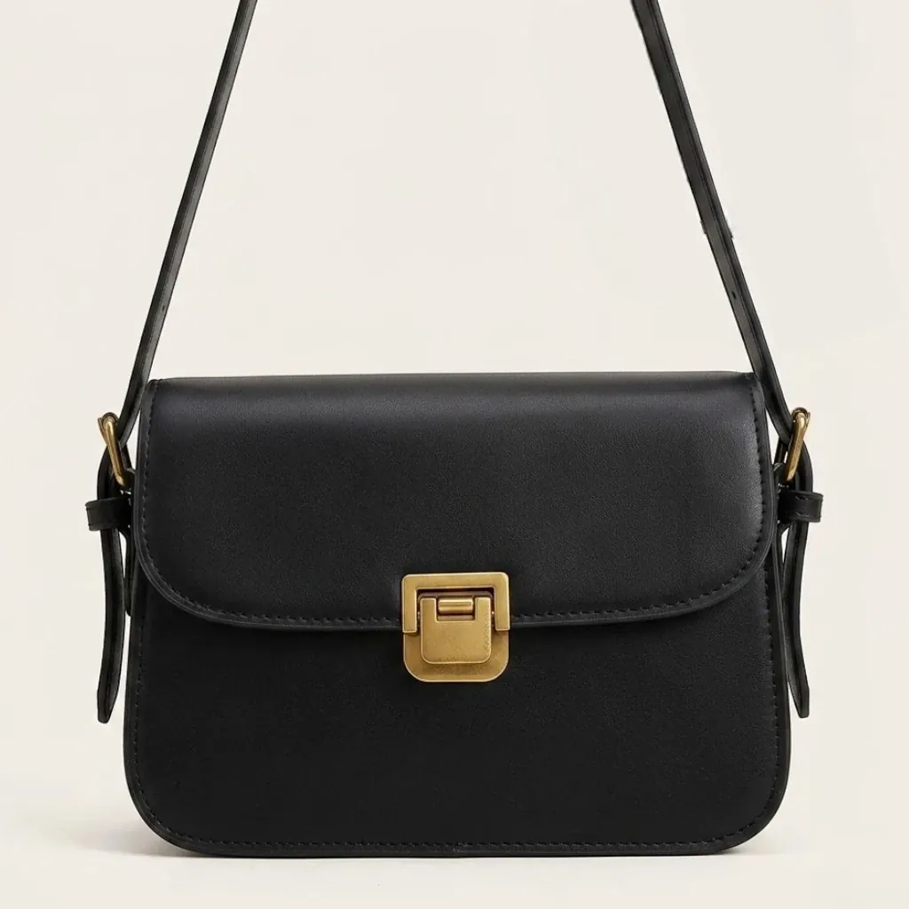 Sac crossbody cuir rabat fermoir doré Noir