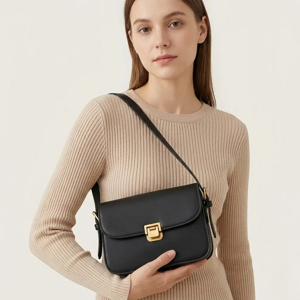 Sac crossbody cuir rabat fermoir doré Noir