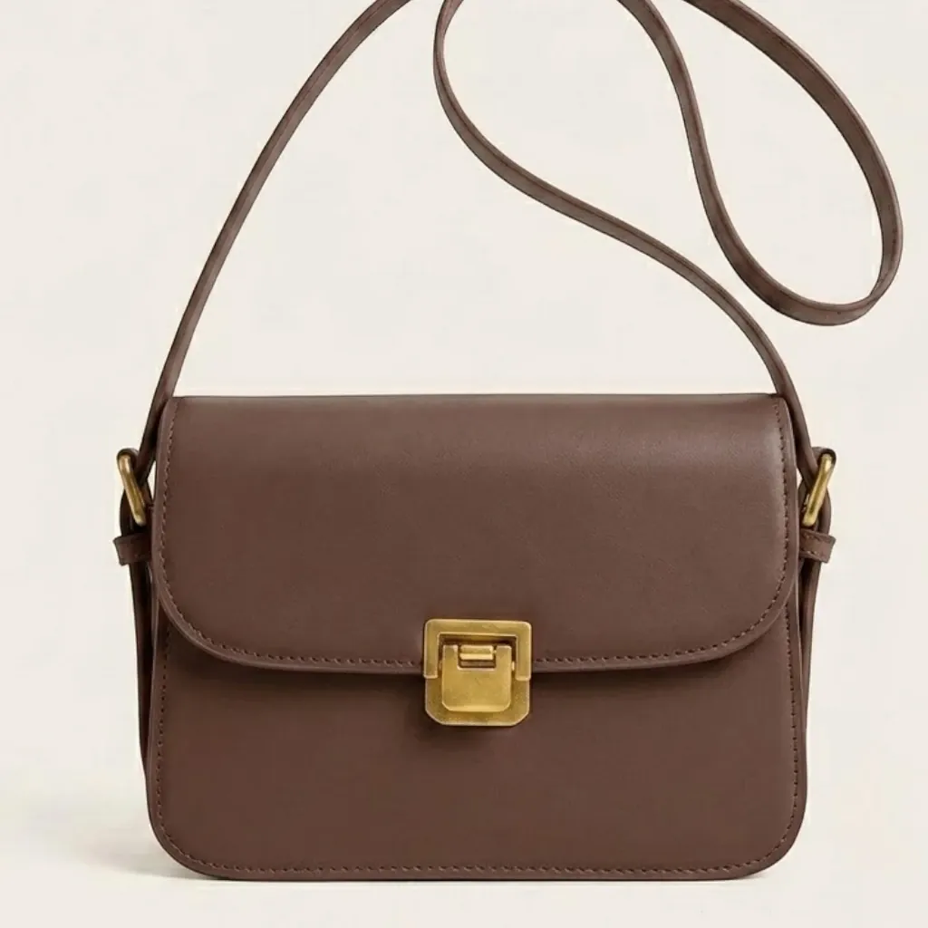 Sac crossbody cuir rabat fermoir doré Marron