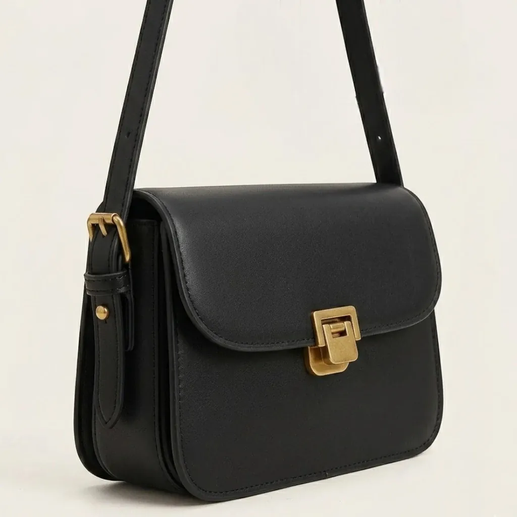 Sac crossbody cuir rabat fermoir doré Noir