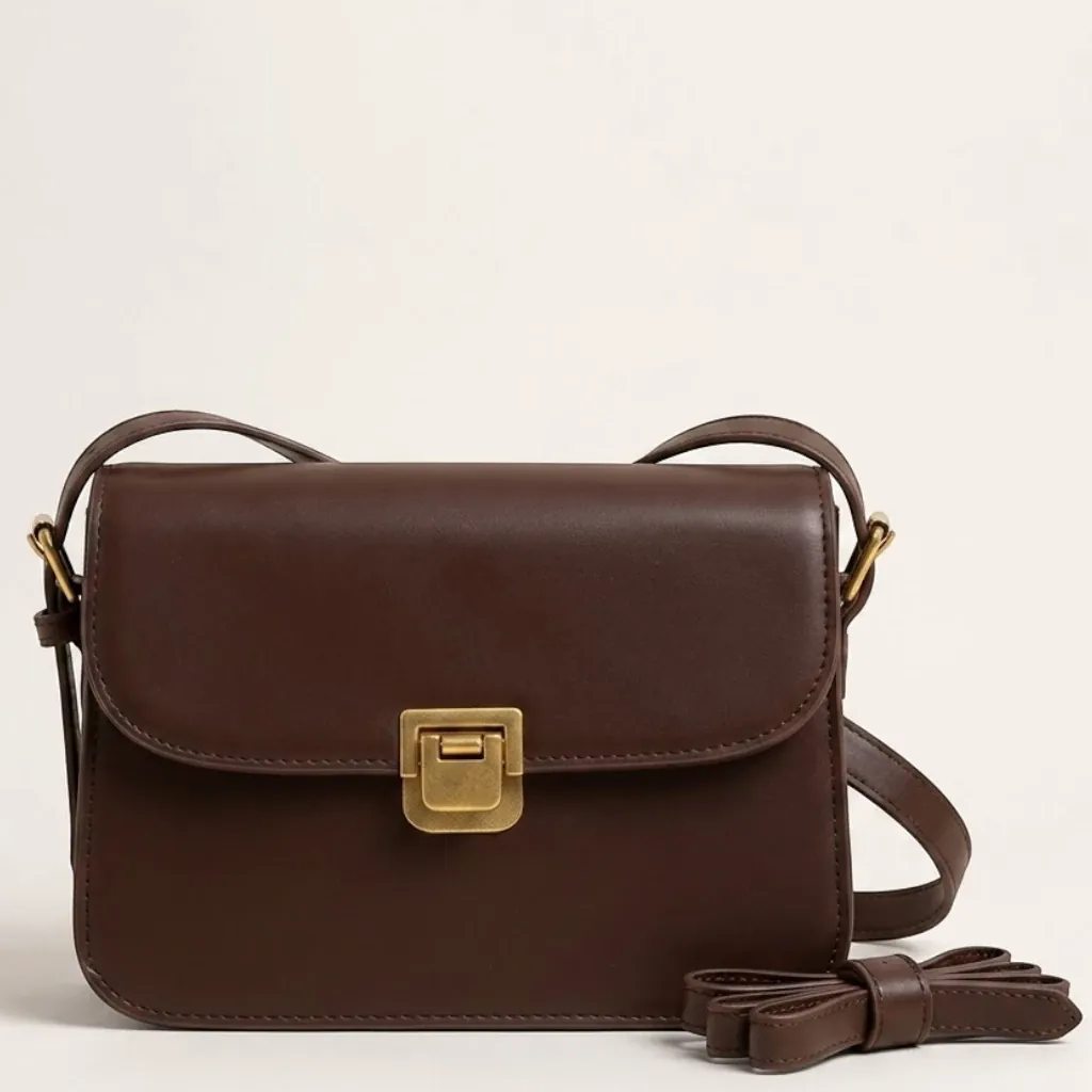 Sac crossbody cuir rabat fermoir doré Café