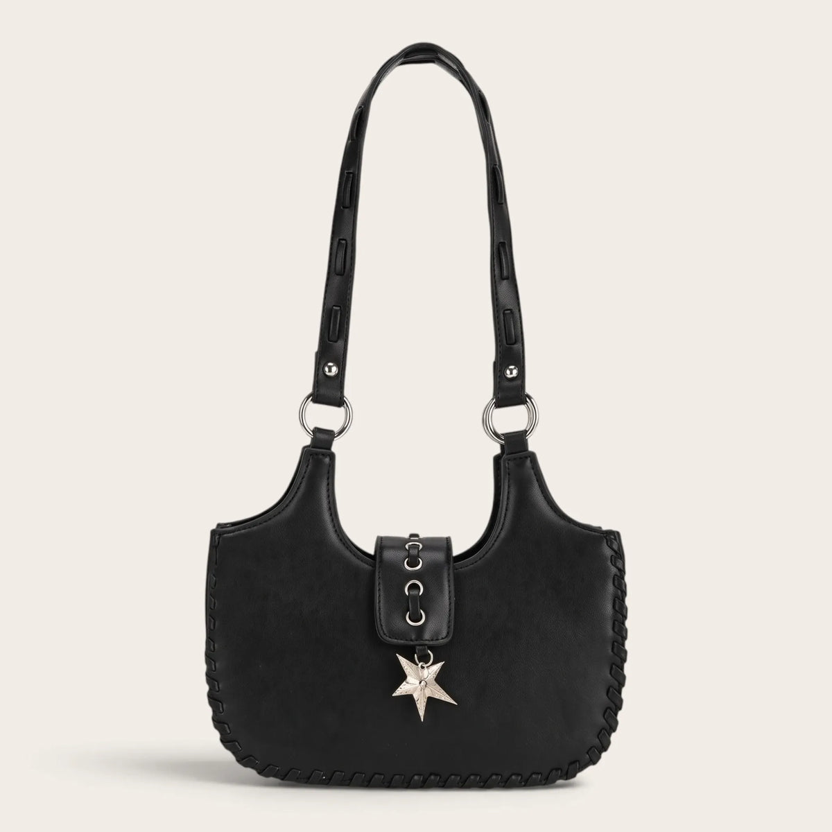 Sac demi-lune à bords tressés pendentif étoile pour femme, vue 1 - Noir