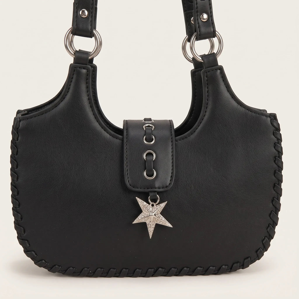 Sac demi-lune à bords tressés pendentif étoile pour femme, vue 6 - Noir