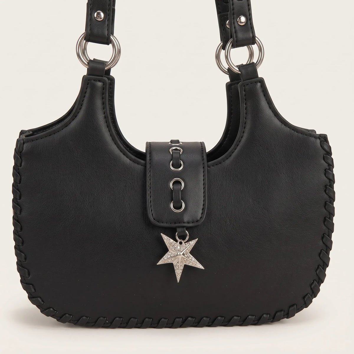 Sac demi-lune à bords tressés pendentif étoile pour femme, vue 6 - Noir