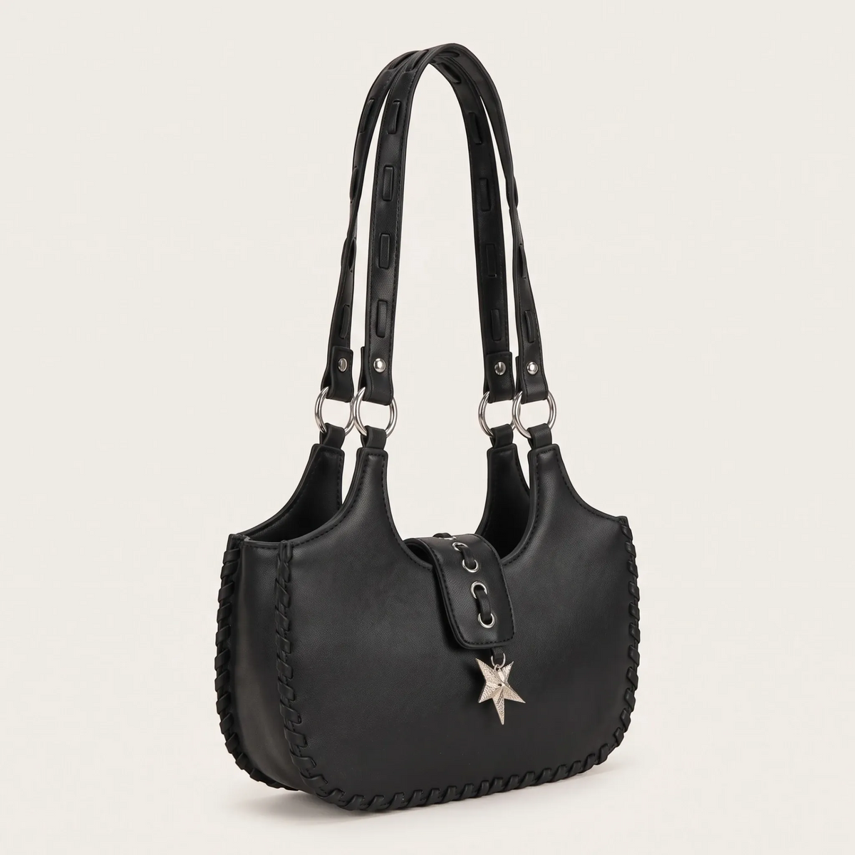 Sac demi-lune à bords tressés pendentif étoile pour femme, vue 2 - Noir