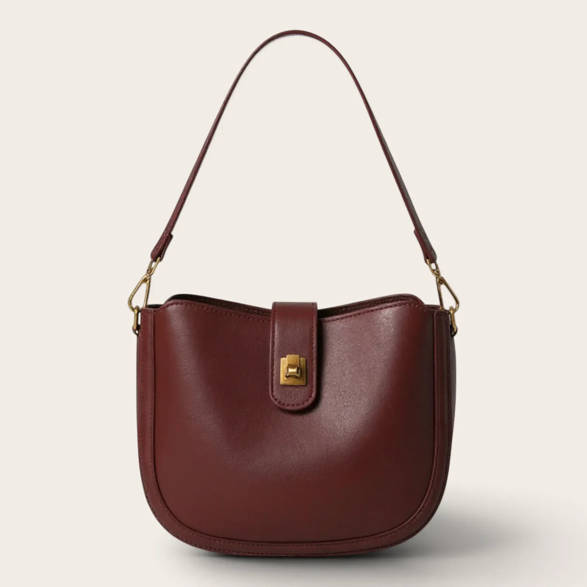 Sac demi-lune en cuir à fermoir pour femme, vue 1 - Acajou