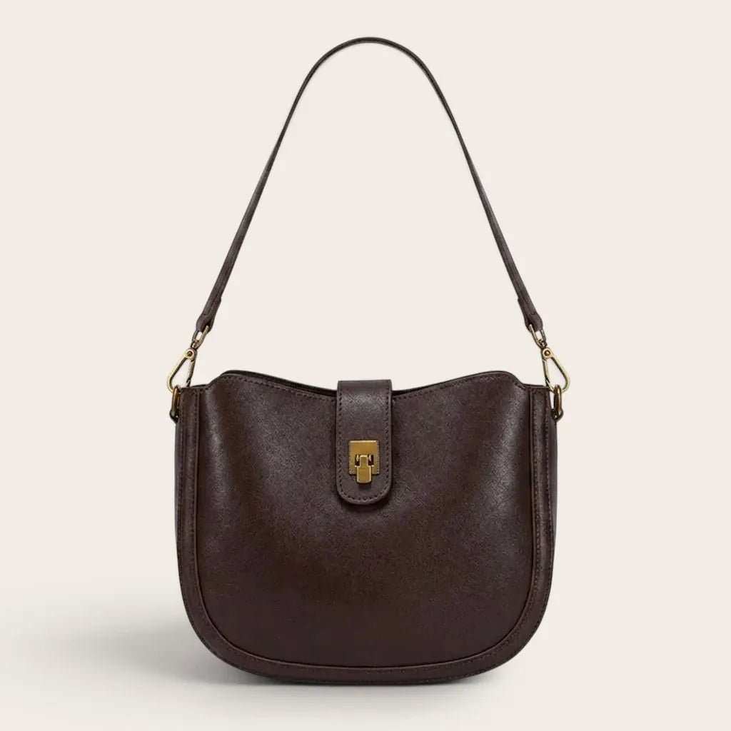 Sac demi-lune en cuir à fermoir pour femme, vue 1 - Café
