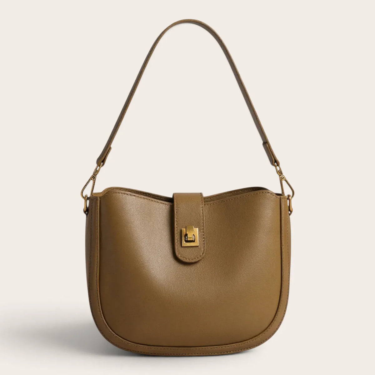 Sac demi-lune en cuir à fermoir pour femme, vue 1 - Kaki