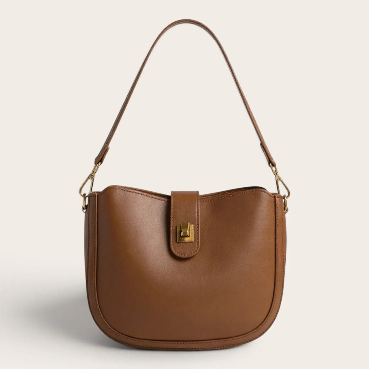 Sac demi-lune en cuir à fermoir pour femme, vue 1 - Marron