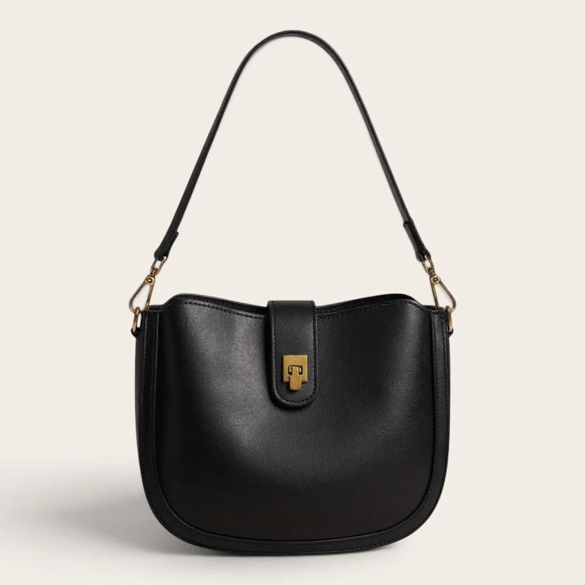 Sac demi-lune en cuir à fermoir pour femme, vue 1 - Noir