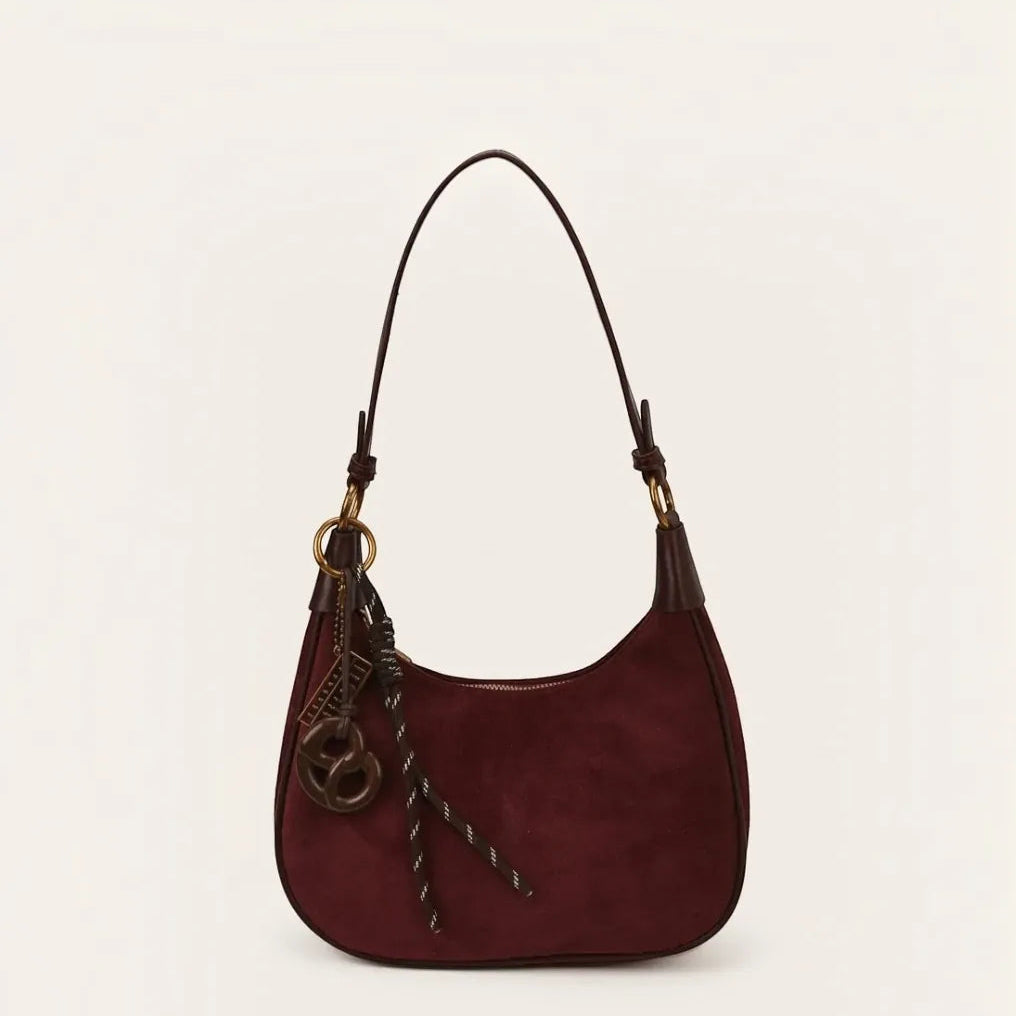 Sac épaule faux daim anse cuir bicolore Acajou