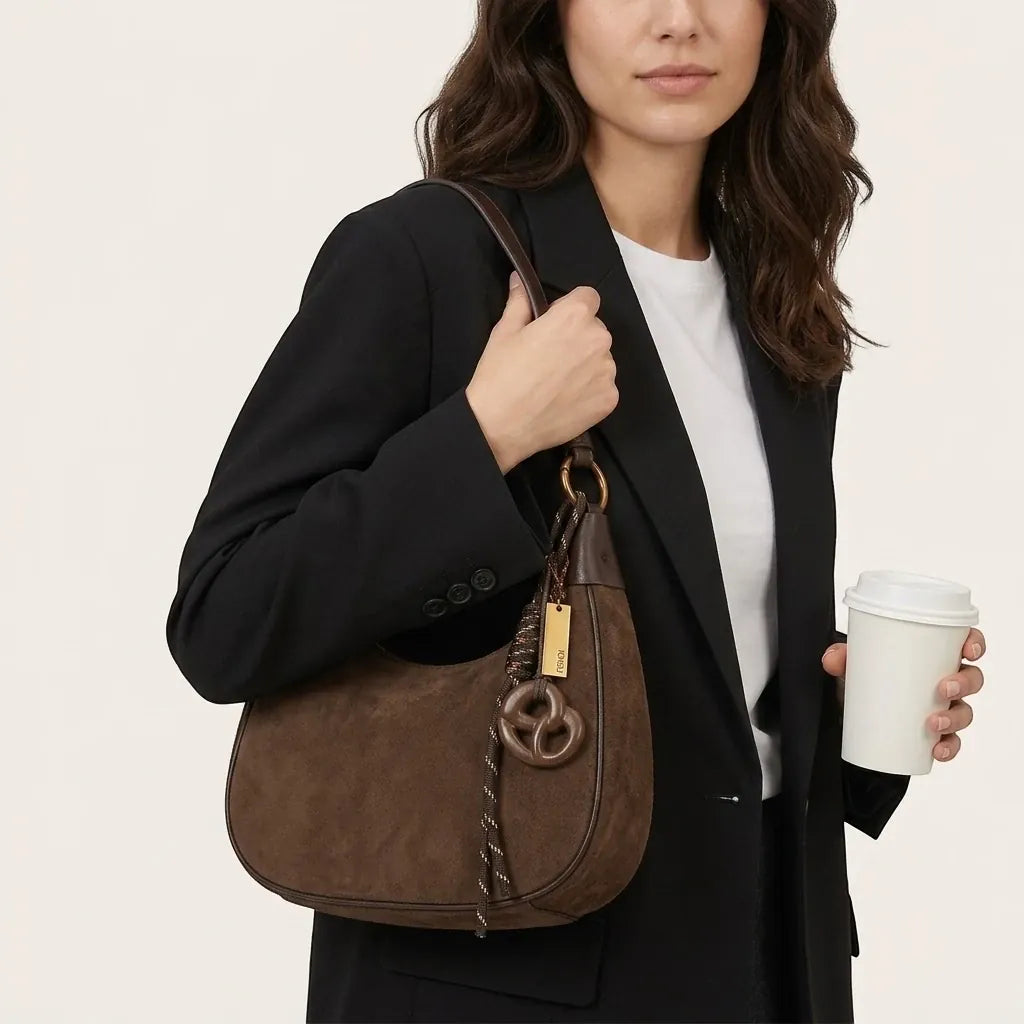 Sac épaule faux daim anse cuir bicolore Café