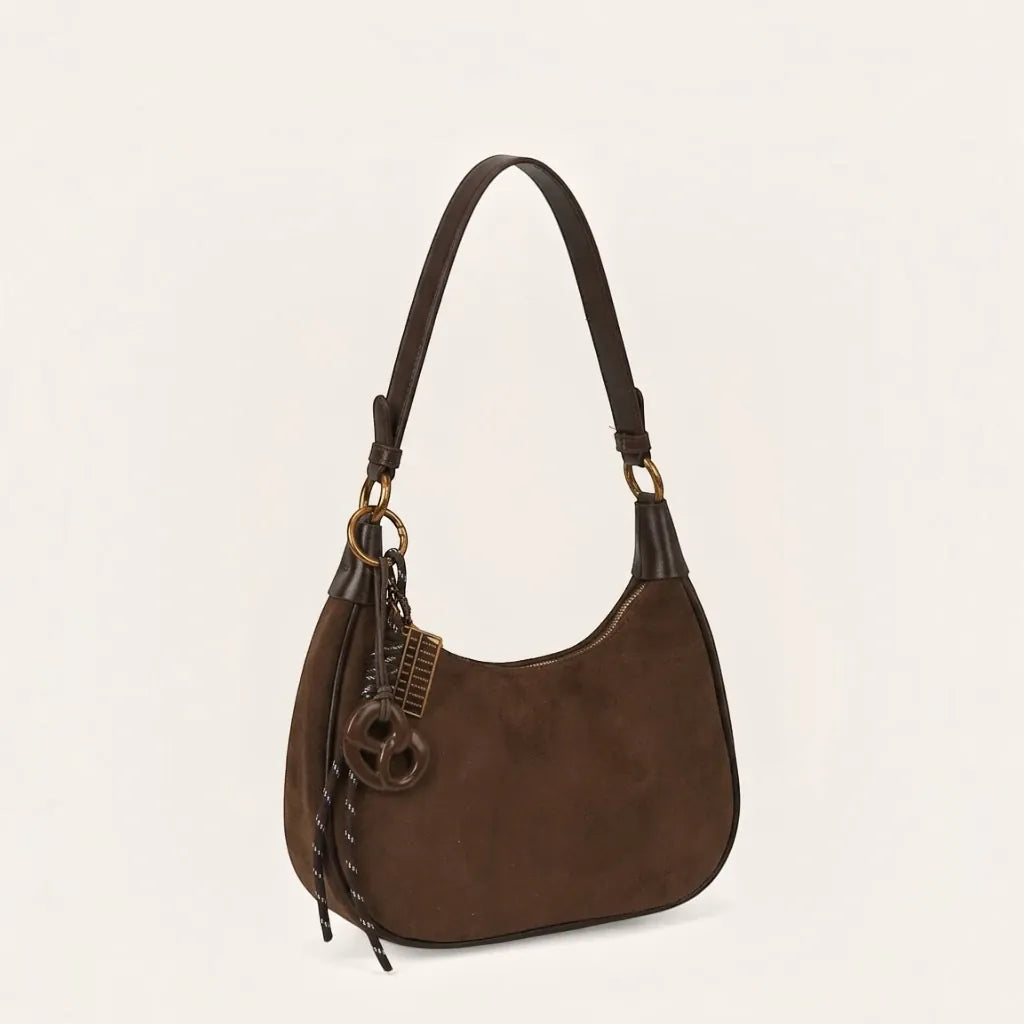 Sac épaule faux daim anse cuir bicolore Café
