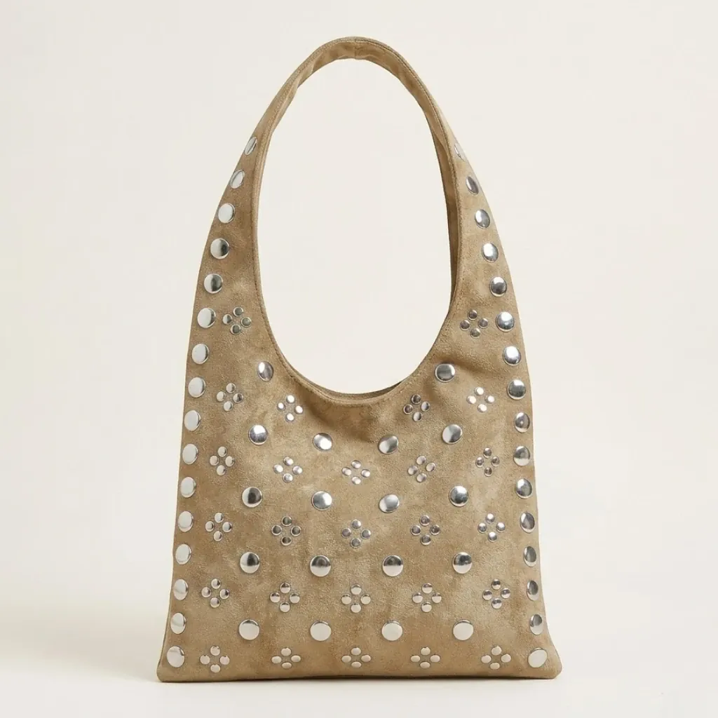 Sac hobo daim vegan clous argentés Khaki