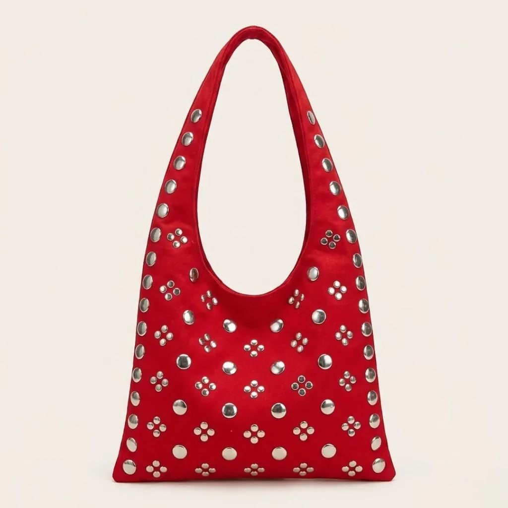 Sac hobo daim vegan clous argentés Rouge