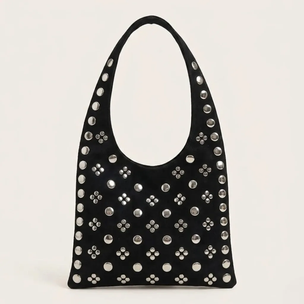 Sac hobo daim vegan clous argentés Noir