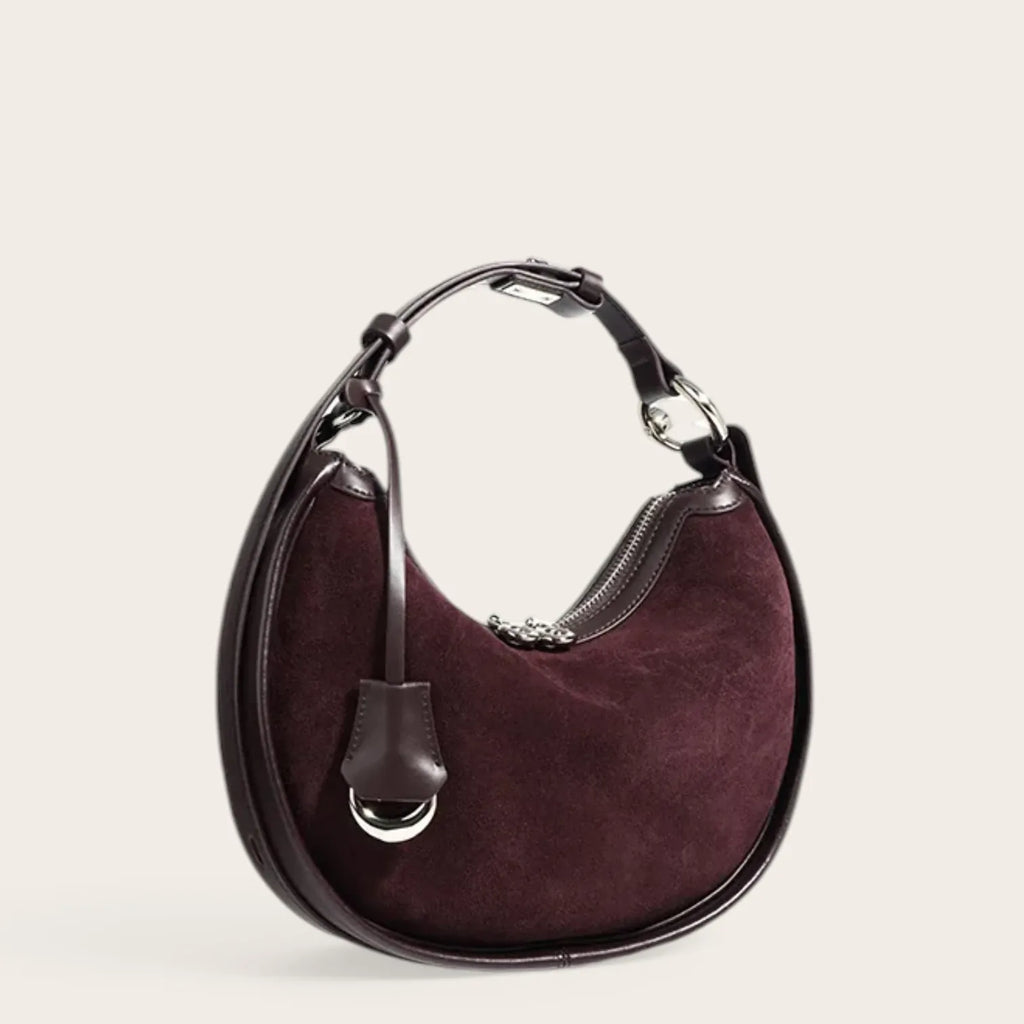 Sac hobo demi-lune daim contour cuir Acajou