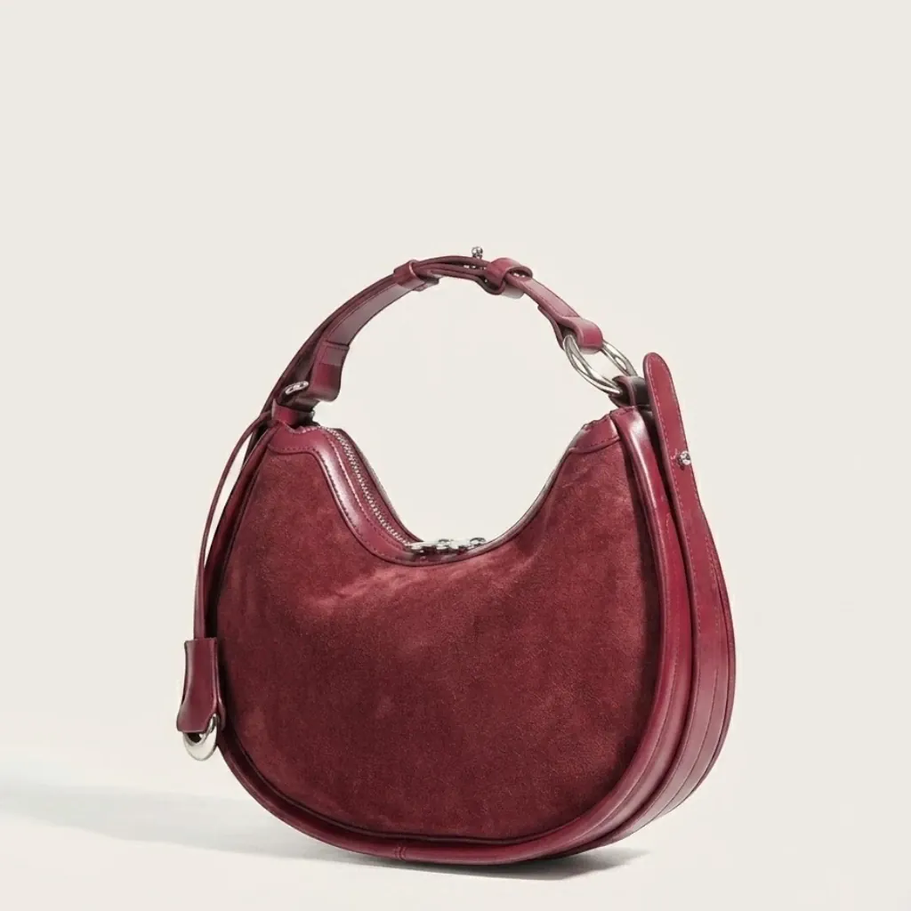 Sac hobo demi-lune daim contour cuir Rouge