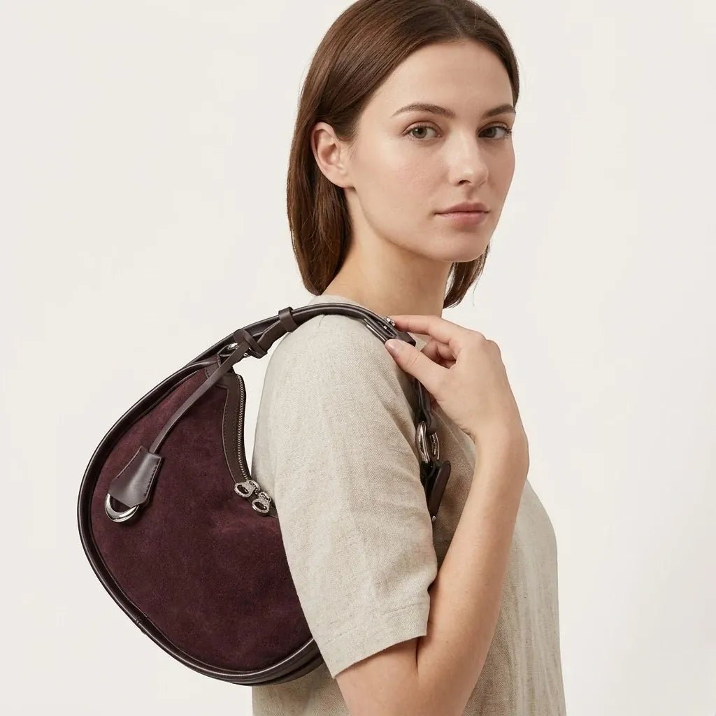 Sac hobo demi-lune daim contour cuir Acajou