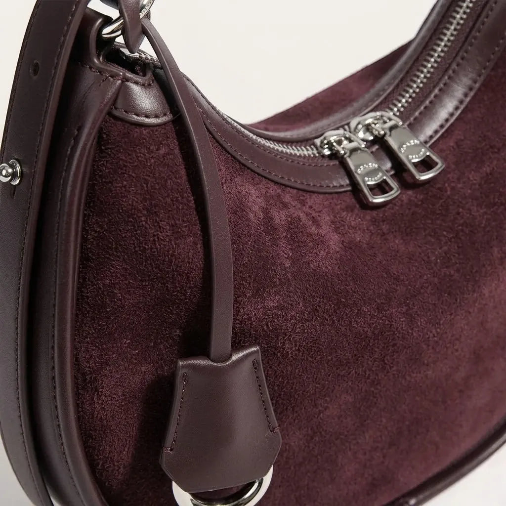 Sac hobo demi-lune daim contour cuir Acajou
