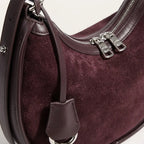 Sac hobo demi-lune daim contour cuir Acajou