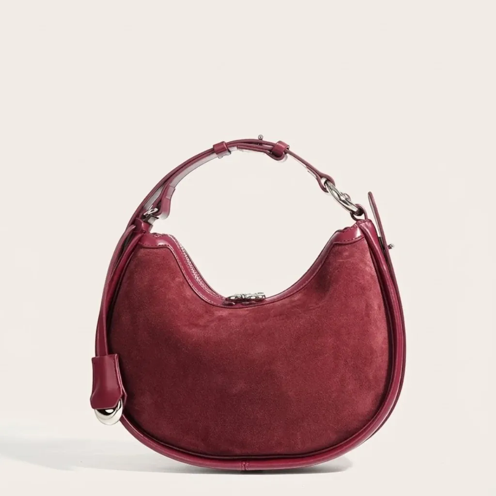 Sac hobo demi-lune daim contour cuir Rouge