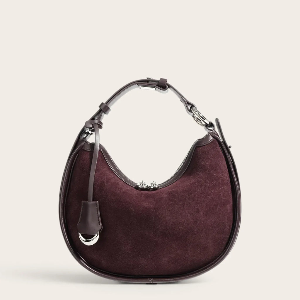 Sac hobo demi-lune daim contour cuir Acajou
