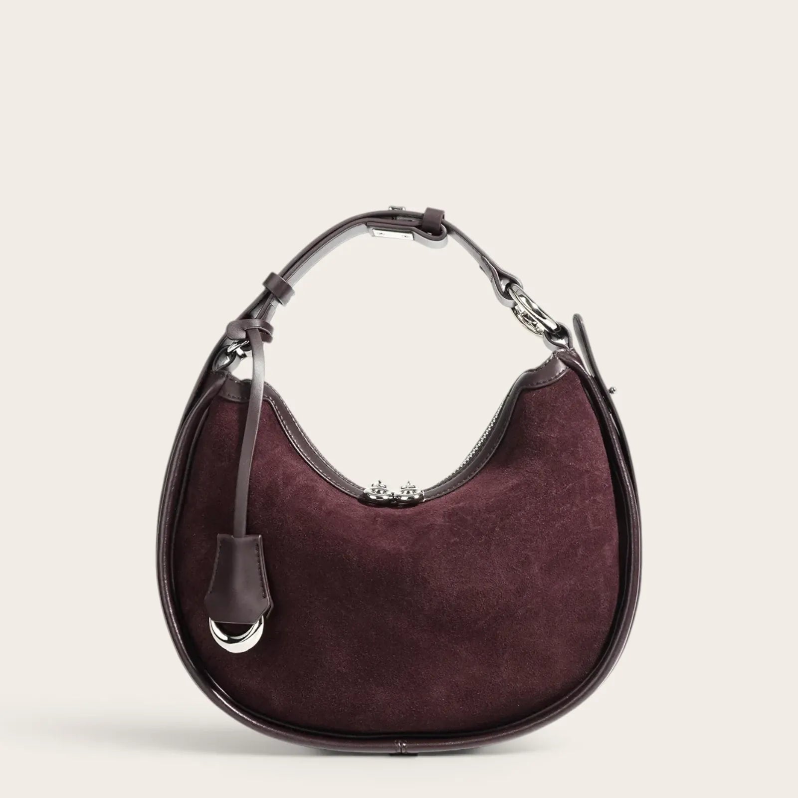 Sac hobo demi-lune daim contour cuir Acajou