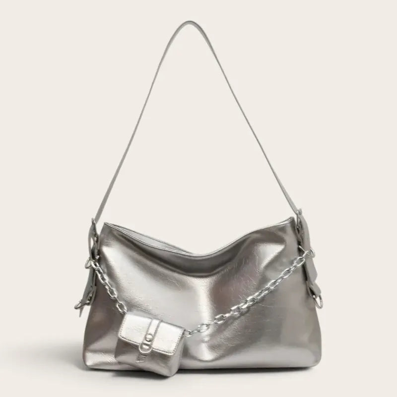Sac hobo drapé à chaîne métal pour femme, vue 1 - Argent