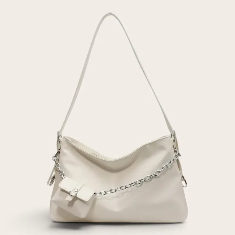 Sac hobo drapé à chaîne métal pour femme, vue 1 - Blanc