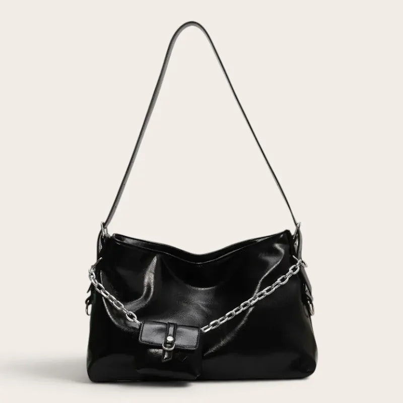 Sac hobo drapé à chaîne métal pour femme, vue 1 - Noir