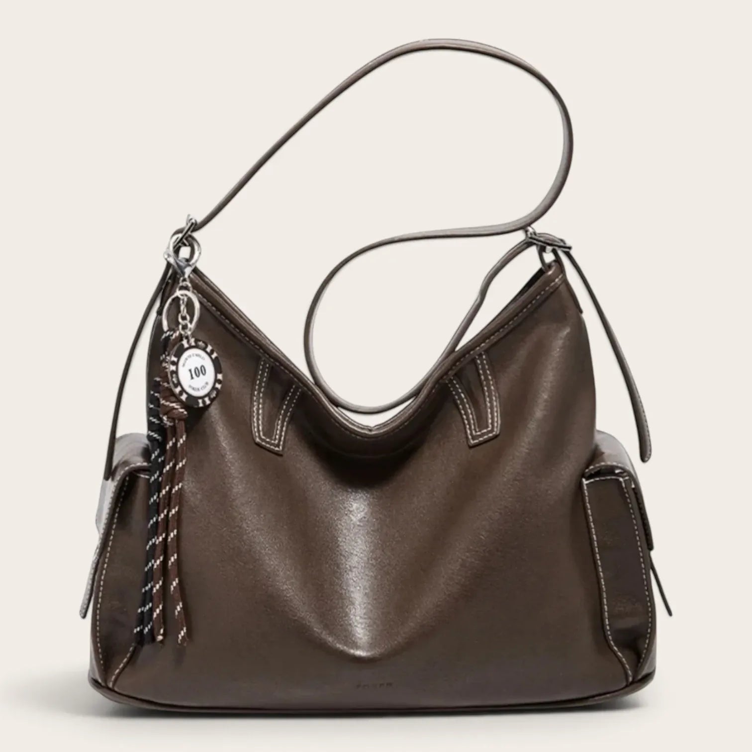 Sac hobo en cuir surpiqué Marron