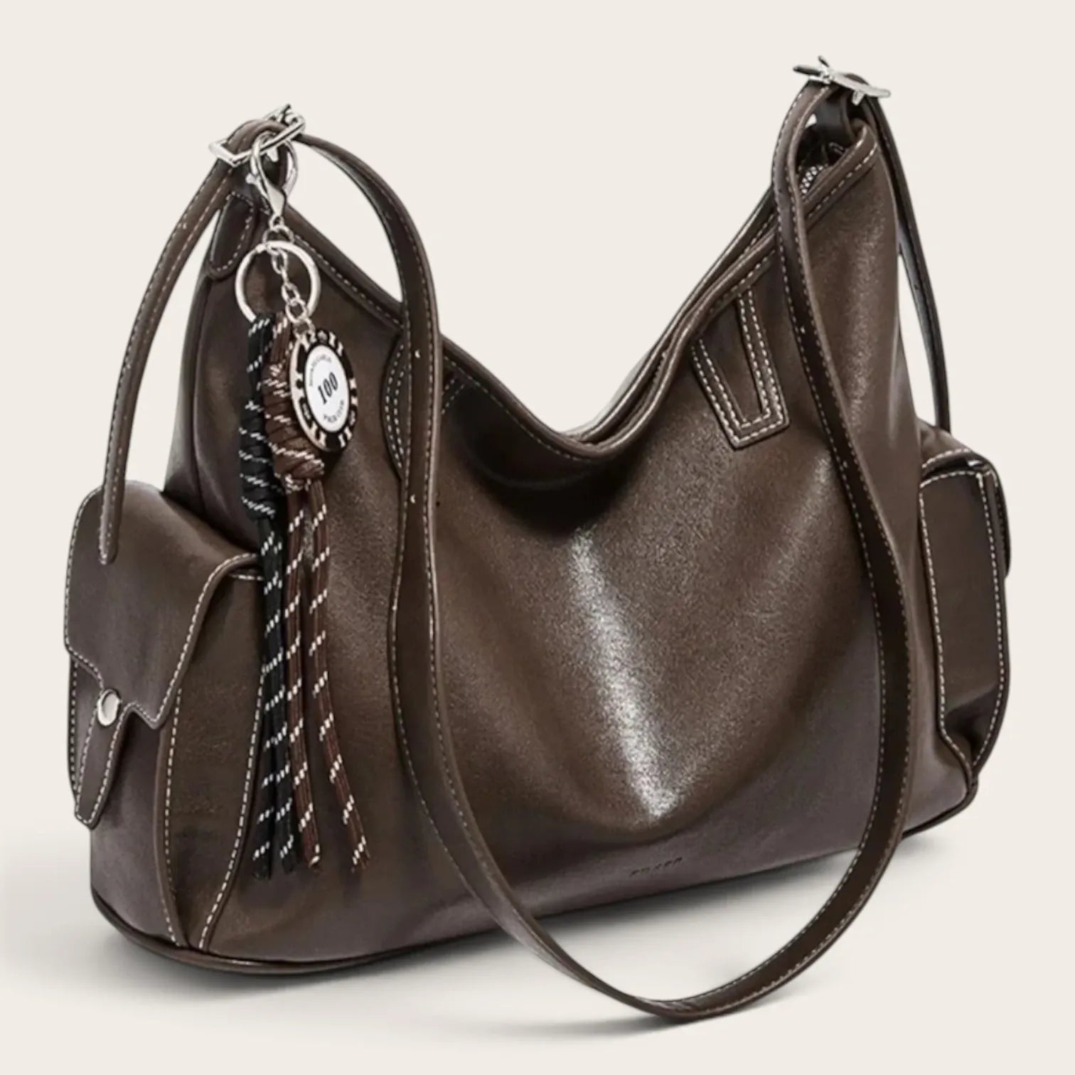 Sac hobo en cuir surpiqué Marron