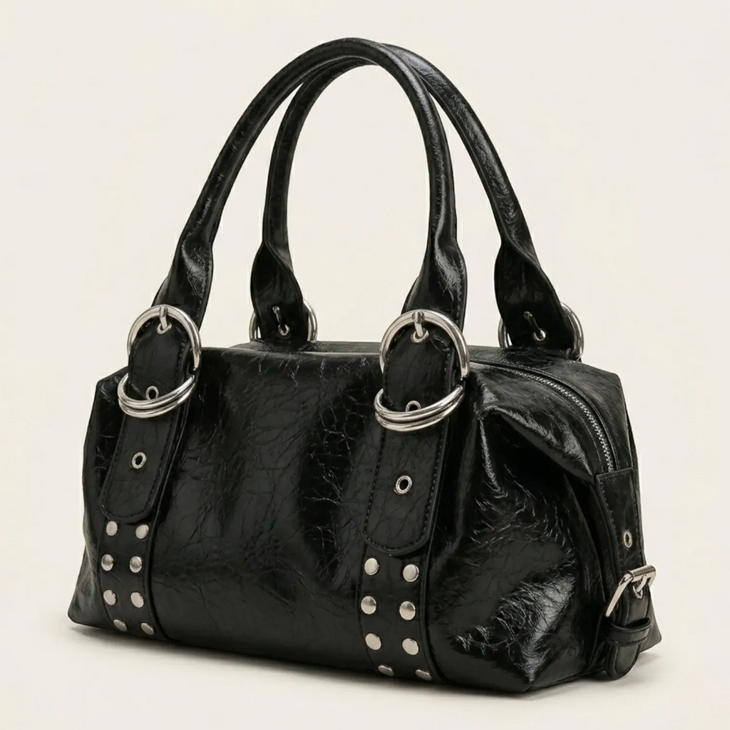 Sac main rock anneaux argentés Noir