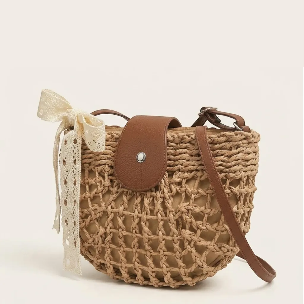 sac paille filet nœud en dentelle bohème Khaki