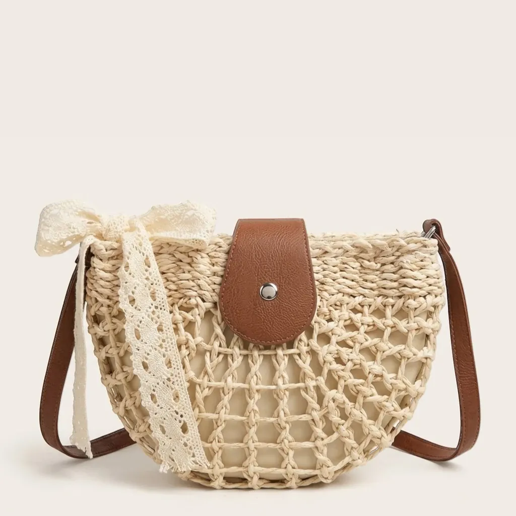 sac paille filet nœud en dentelle bohème Beige