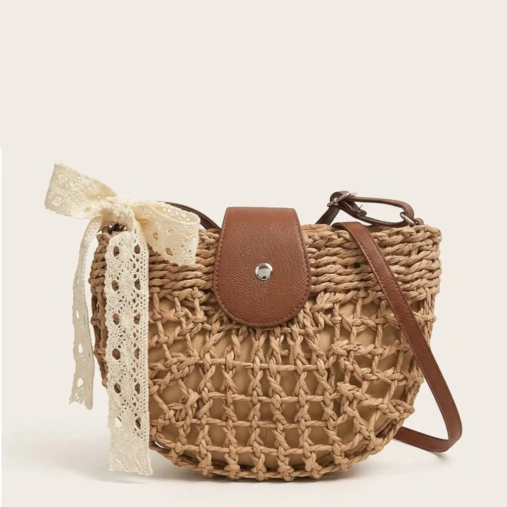 sac paille filet nœud en dentelle bohème Khaki