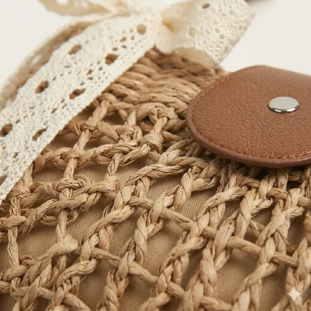 sac paille filet nœud en dentelle bohème Khaki