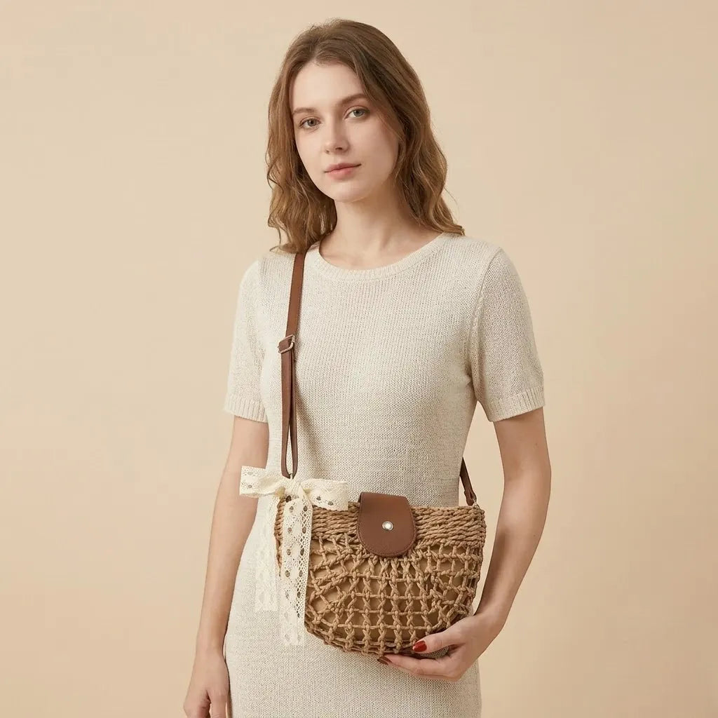 sac paille filet nœud en dentelle bohème Khaki