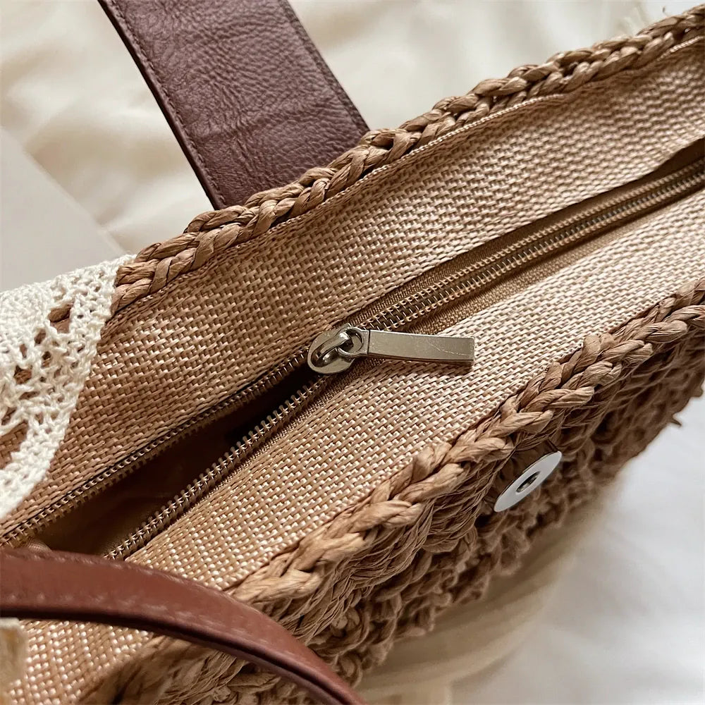 sac paille filet nœud en dentelle bohème Khaki