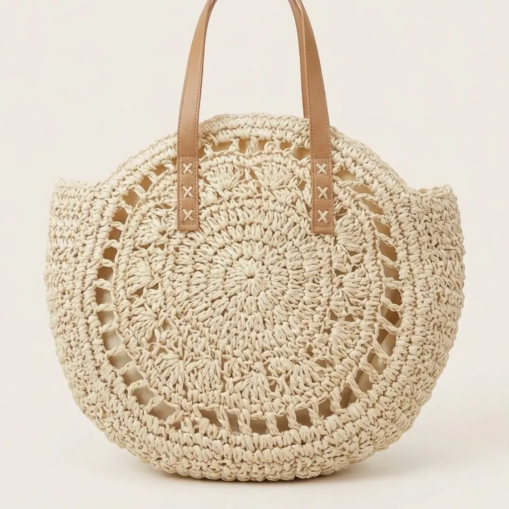 Sac rond crochet paille plage Beige