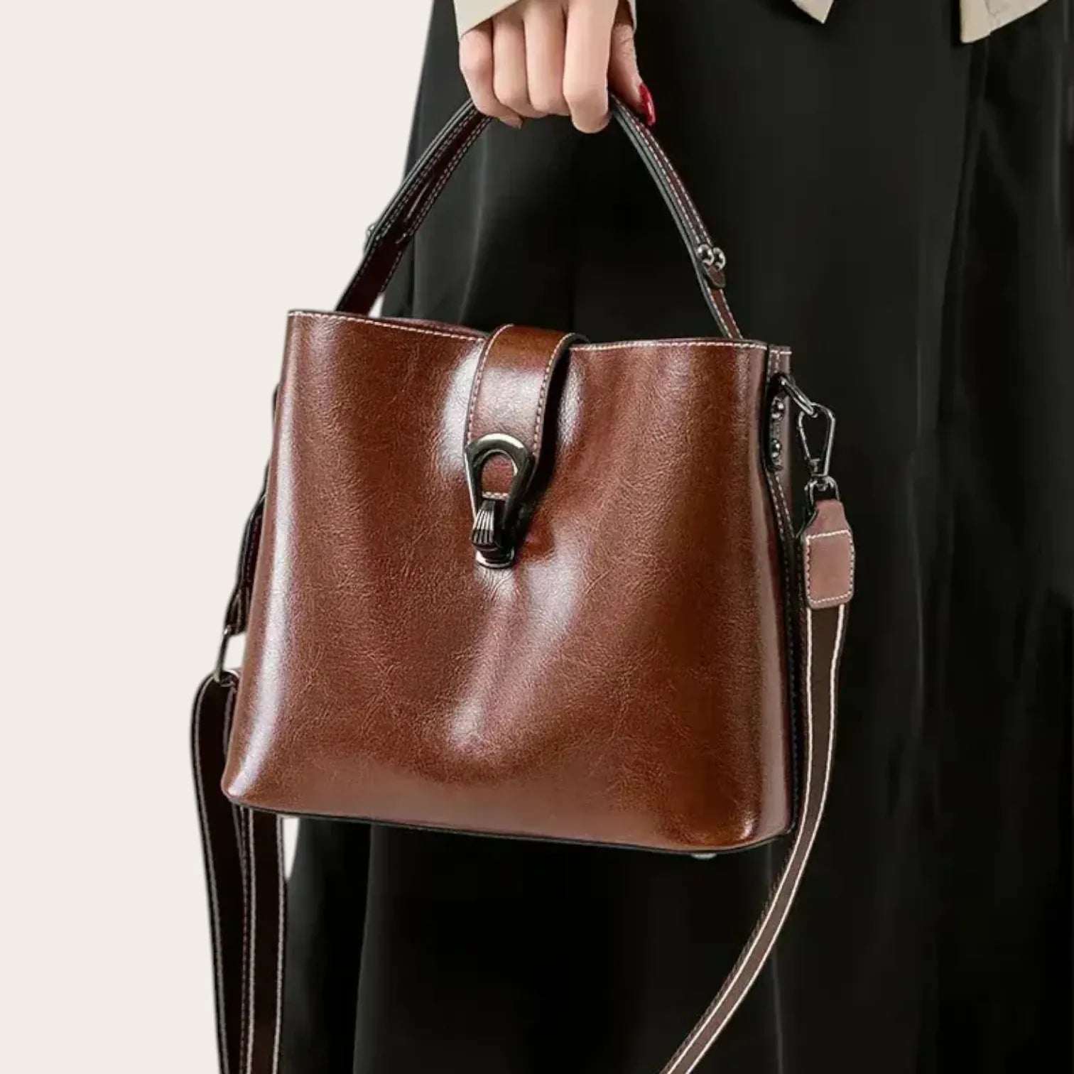 Sac seau en cuir lustré Café