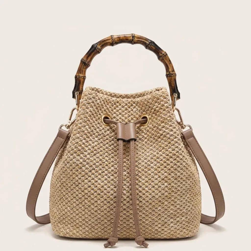 Sac seau paille anse bambou cordon été Khaki