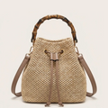 Sac seau paille anse bambou cordon été Khaki